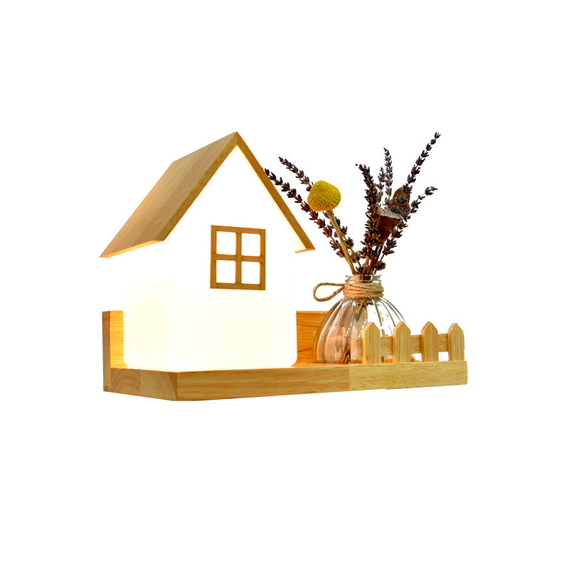 Beige Shaded Wall Sconce Lighting Contemporary Style Wood Wall Mount Light Fixture