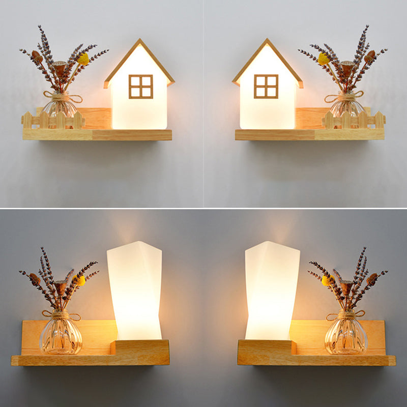 Beige Shaded Wall Sconce Lighting Contemporary Style Wood Wall Mount Light Fixture