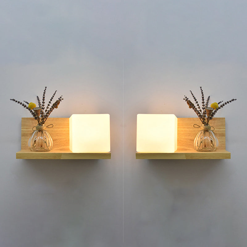 Beige Shaded Wall Sconce Lighting Contemporary Style Wood Wall Mount Light Fixture