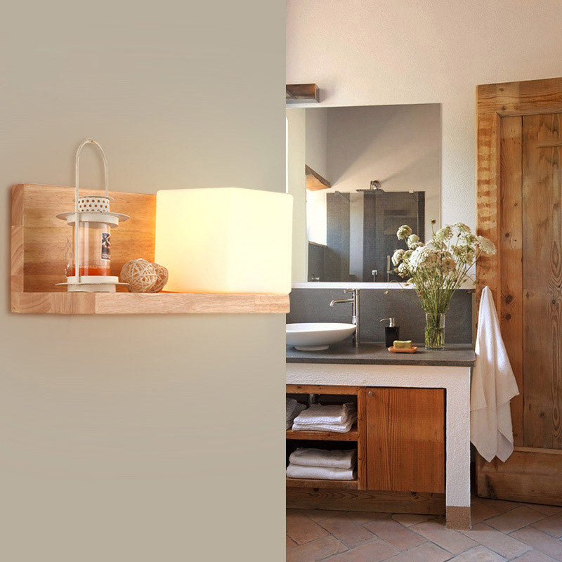 Illuminazione a parete quadrata in stile nordico lampada da parete camera da letto in legno in beige