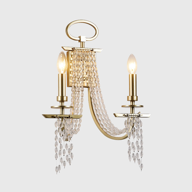Rustic Candle Wall Mount Lamp 2 Lights Crystal Wall Sconce Lighting in Gold for Dining Room