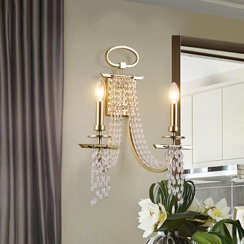 Rustic Candle Wall Mount Lamp 2 Lights Crystal Wall Sconce Lighting in Gold for Dining Room