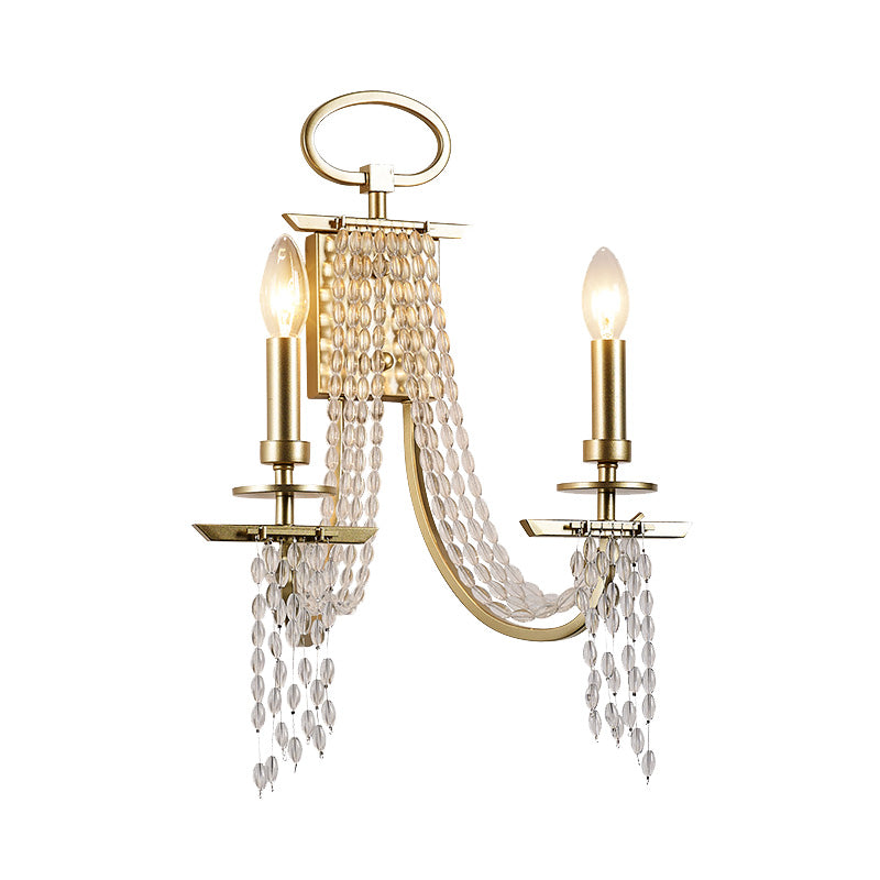 Rustic Candle Wall Mount Lamp 2 Lights Crystal Wall Sconce Lighting in Gold for Dining Room