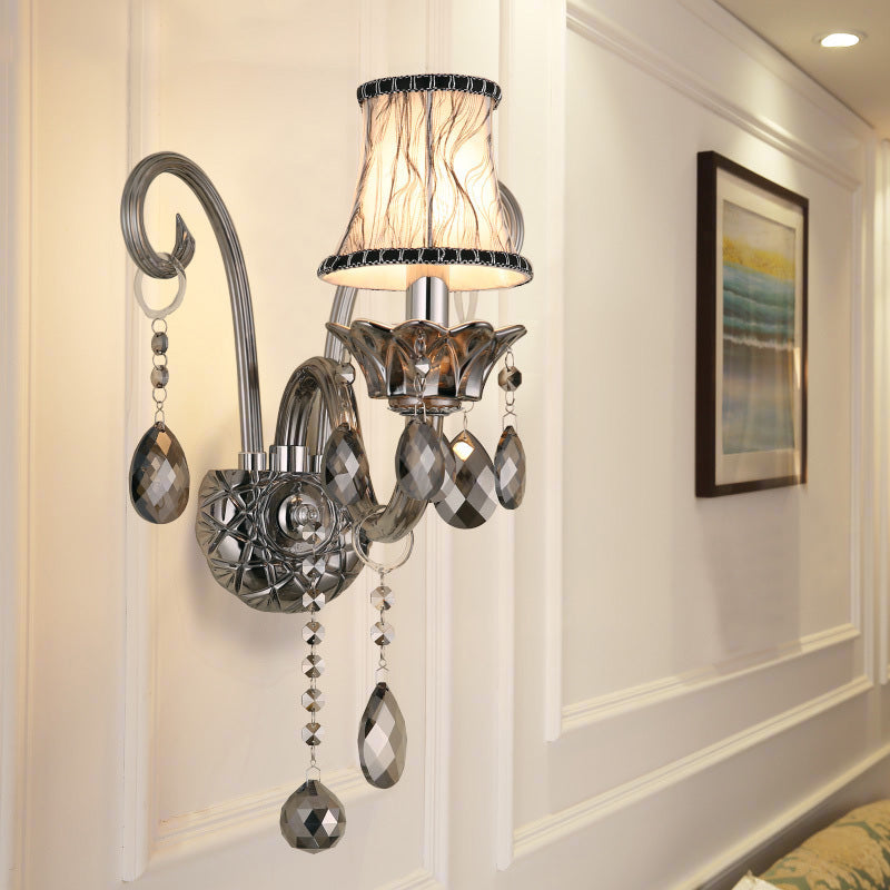 1/2-Head Fabric Wall Sconce Traditionalist Chrome Bell Bedroom Wall Mounted Light with Crystal Draping