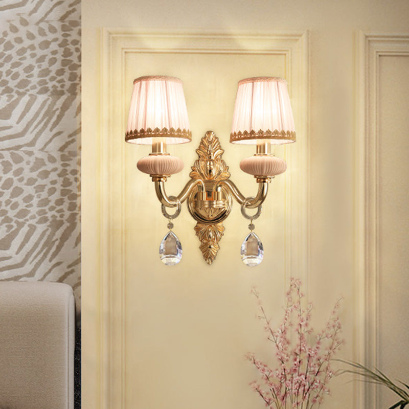 Barrel Bedroom Wall Light Sconce Traditional Fabric 1/2 Heads Pink/Blue Wall Lighting Fixture with Crystal Accent