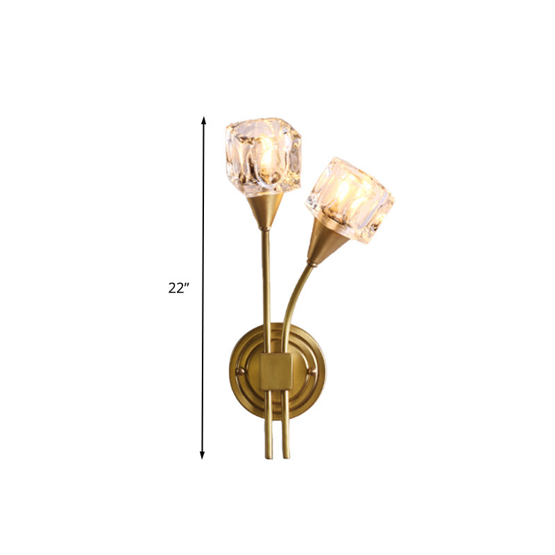Gold Cube Wall Sconce Lighting Contemporary 2 Lights Clear Crystal LED Wall Light Fixture for Living Room