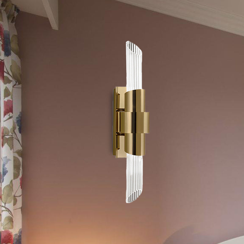 2 Lights Bedroom Wall Lamp Modern Gold Wall Mount Light with Tube Prismatic Crystal Shade