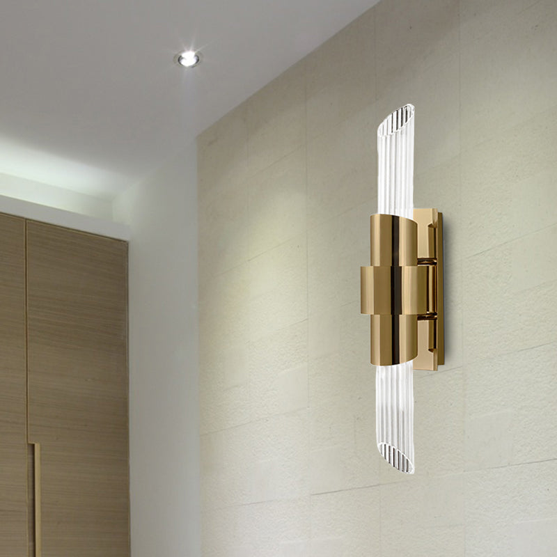 2 Lights Bedroom Wall Lamp Modern Gold Wall Mount Light with Tube Prismatic Crystal Shade