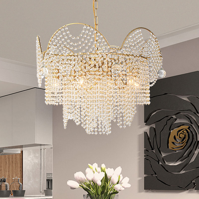 7 Lights Chandelier Lighting Rural Layered Crystal Hanging Pendant Light in Gold for Living Room