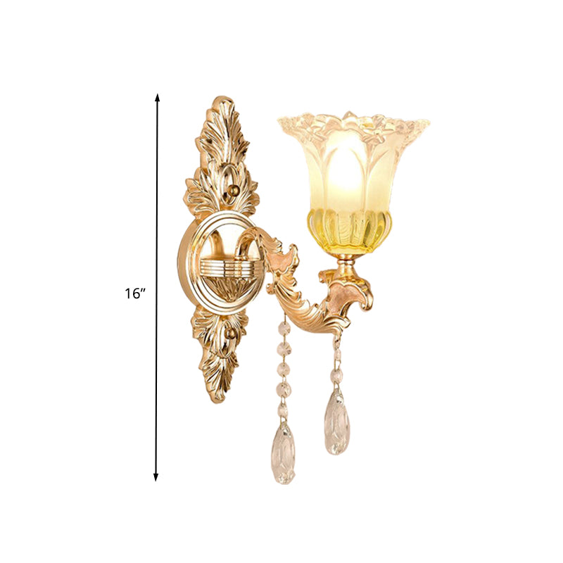 1/2 Heads Frosted Glass Wall Sconce Traditionalist Gold Flower Living Room Wall Mounted Light with Crystal Draping