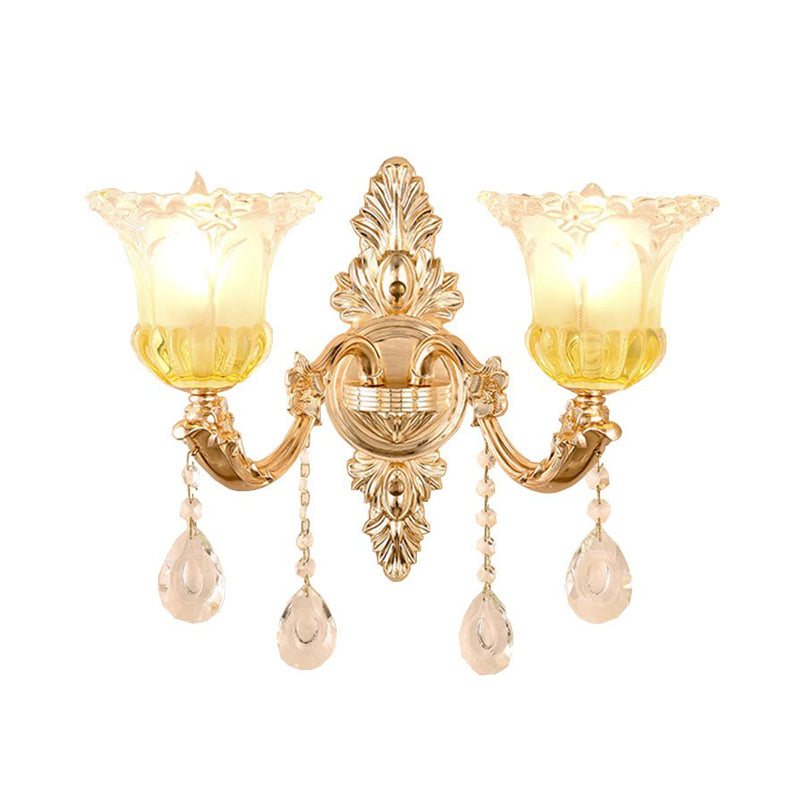 1/2 Heads Frosted Glass Wall Sconce Traditionalist Gold Flower Living Room Wall Mounted Light with Crystal Draping