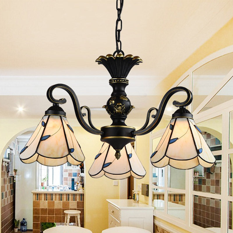Mediterranean Conical Chandelier Lamp 5/6/8 Lights White/Blue Glass Hanging Ceiling Light for Living Room
