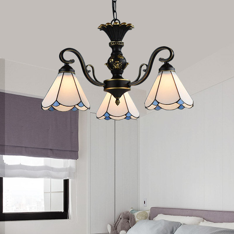 Mediterranean Conical Chandelier Lamp 5/6/8 Lights White/Blue Glass Hanging Ceiling Light for Living Room