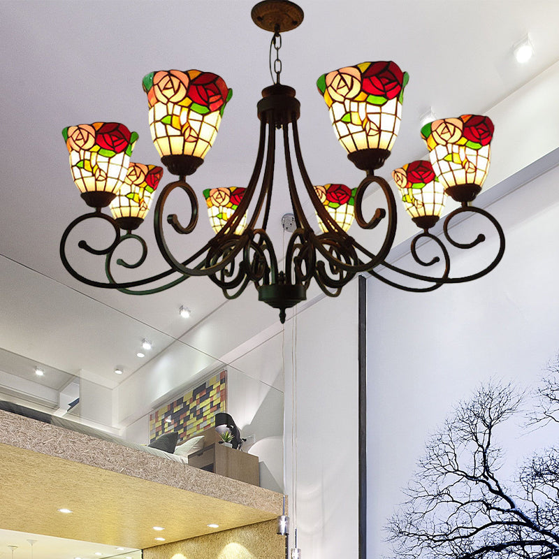 Cut Glass Arched Chandelier Lighting Fixture Victorian 8 Lights Red/Yellow/Dark Red Pendant Lamp for Living Room