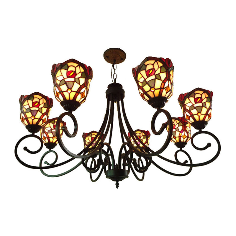 Éclairage de lustre en verre coupé en verre arqué victorien 8 lumières pendantes rouges / jaunes / rouge foncé pour le salon