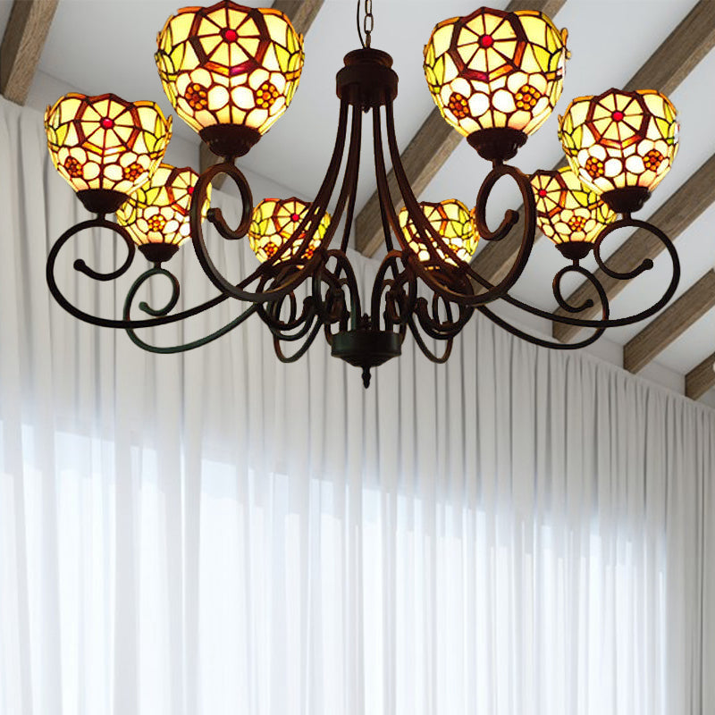 Cut Glass Arched Chandelier Lighting Fixture Victorian 8 Lights Red/Yellow/Dark Red Pendant Lamp for Living Room