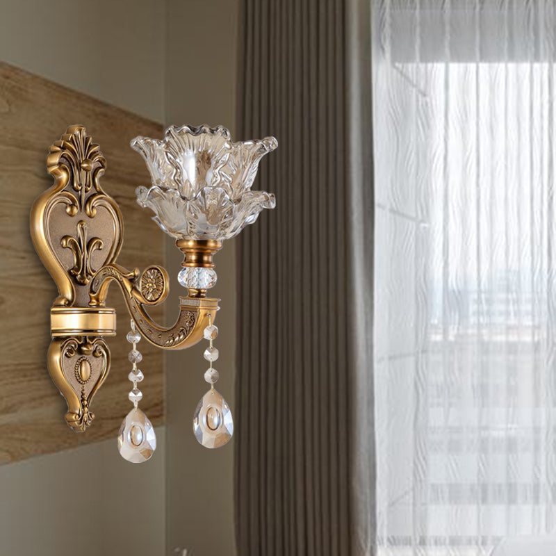1/2 Bulbs Wall Light Sconce Traditional Living Room Wall Lighting Fixture with Blossom Water Glass Shade in Brass
