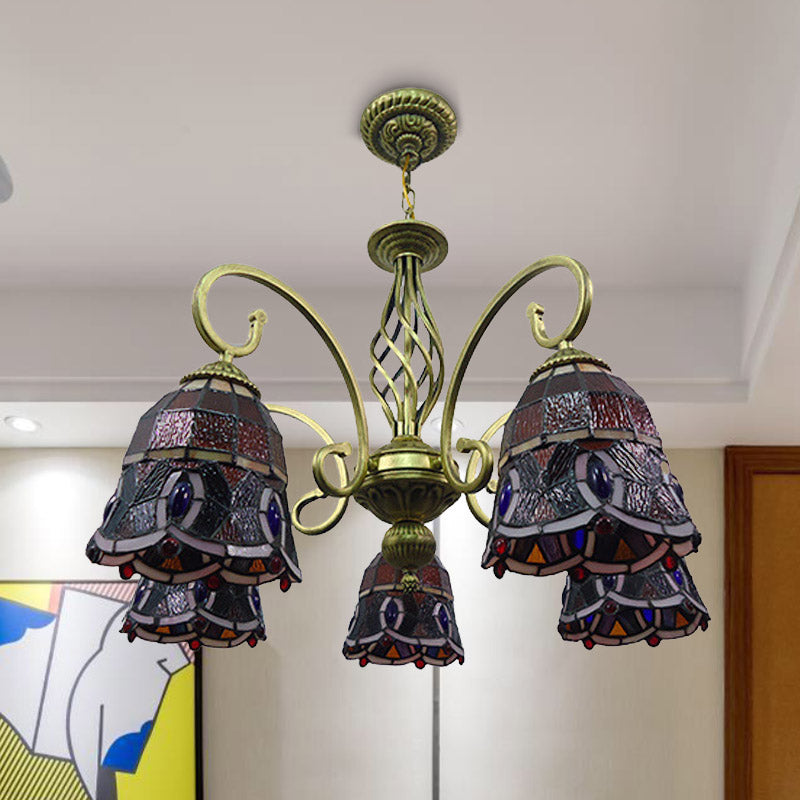 Scrolling Arm Chandelier Lamp Mediterranean Hand Cut Glass 5 Lights Red/Yellow/Blue Ceiling Pendant Light