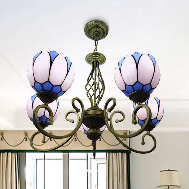 Scrolling Arm Chandelier Lamp Mediterranean Hand Cut Glass 5 Lights Red/Yellow/Blue Ceiling Pendant Light