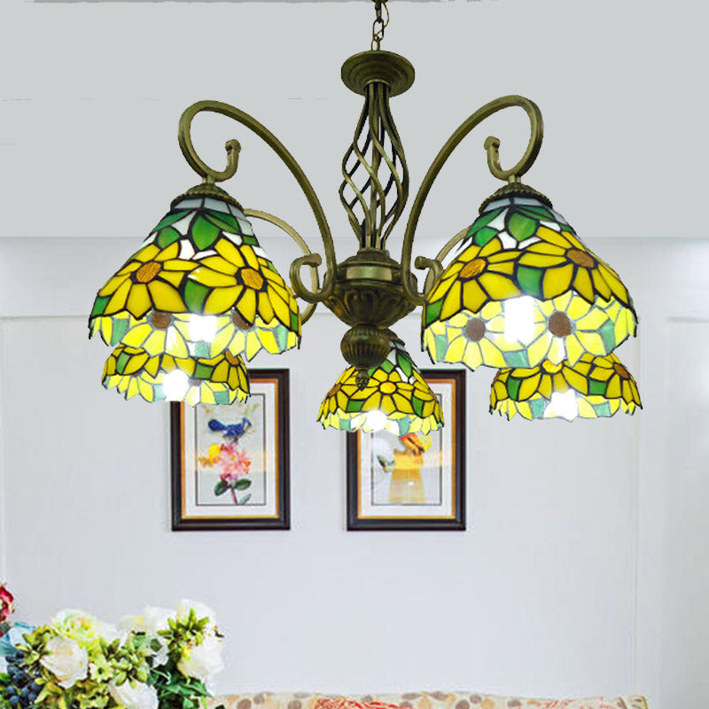 Scrolling Arm Chandelier Lamp Mediterranean Hand Cut Glass 5 Lights Red/Yellow/Blue Ceiling Pendant Light