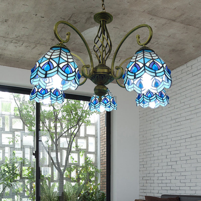 Scrolling Arm Chandelier Lamp Mediterranean Hand Cut Glass 5 Lights Red/Yellow/Blue Ceiling Pendant Light