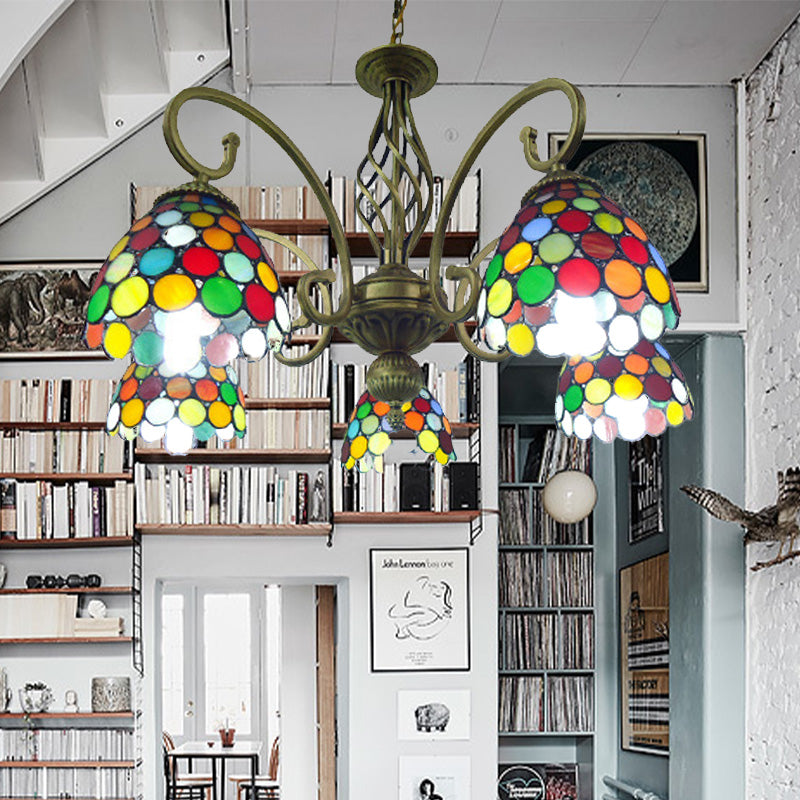 Scrolling Bras Chandelier Lampe méditerranéenne coupée à la main Verre 5 lumières Red / Jaune / Blue Plafond Pendant