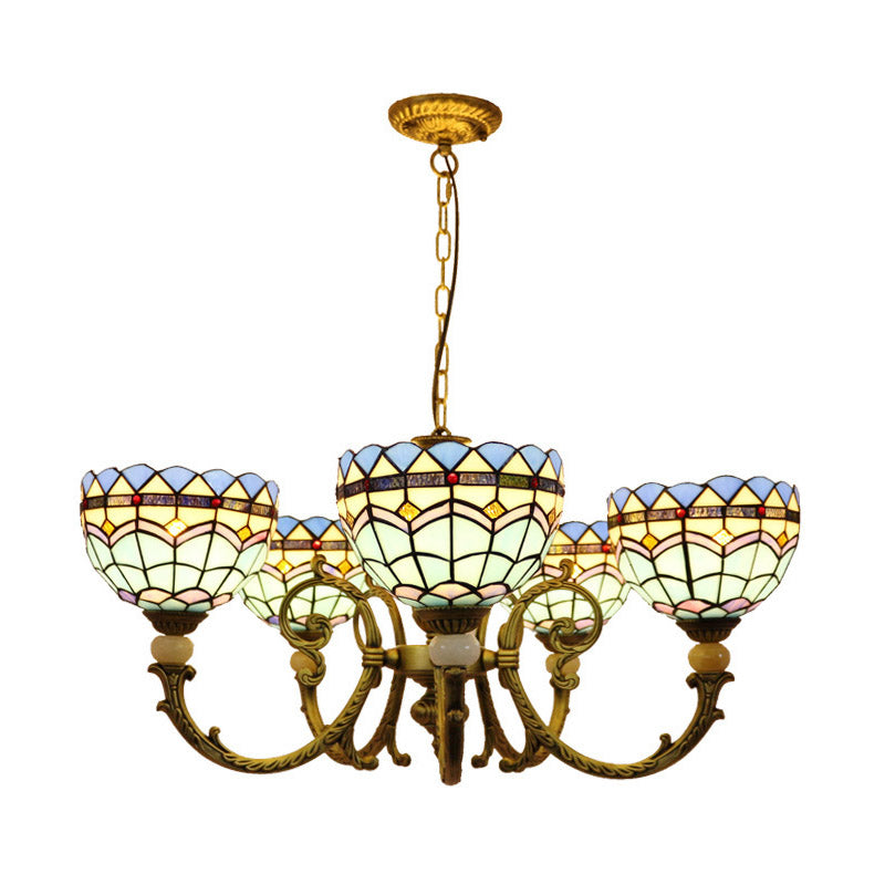 Mediterranean Dome Chandelier Lighting 5 Lights Stained Glass Drop Pendant in Orange/Blue for Living Room