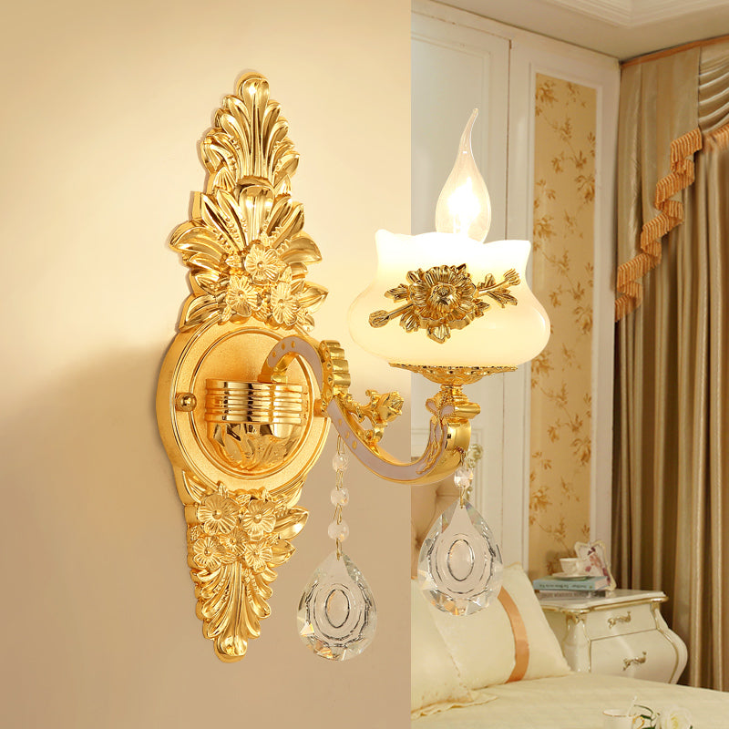 1/2 Bulbs Wall Light Sconce Traditional Living Room Wall Lighting Fixture with White Glass Shade in Gold
