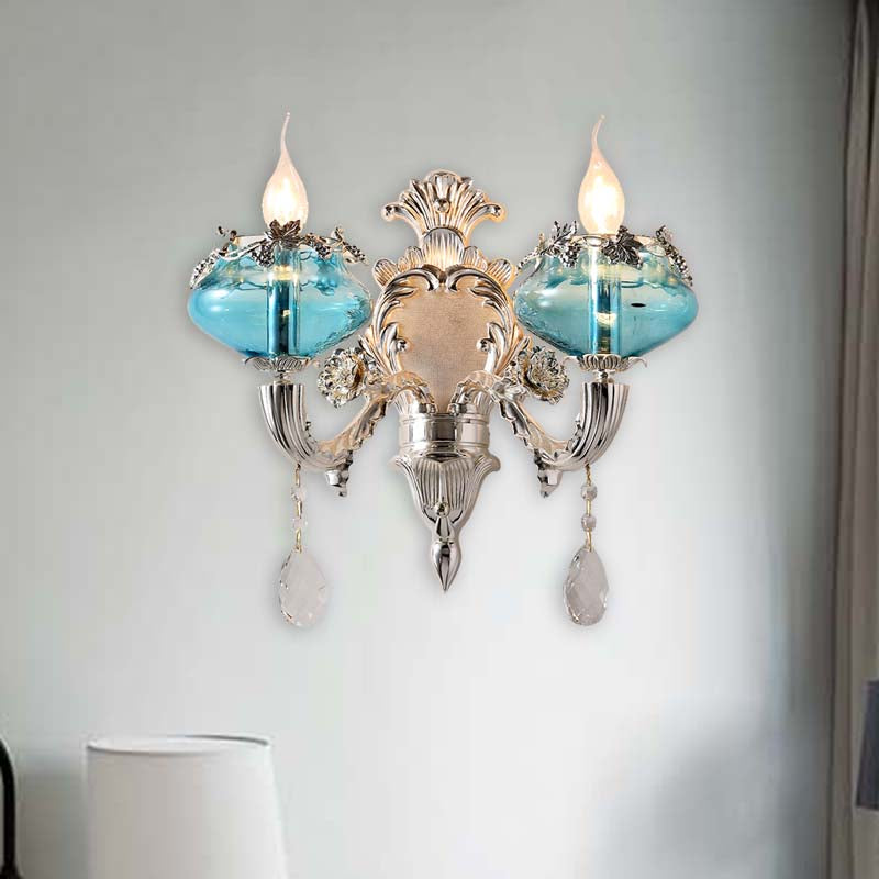 Candle Bedroom Sconce Light Antique Blue Glass 1/2 Heads Chrome Wall Lighting Fixture with Dangling Crystal Accent