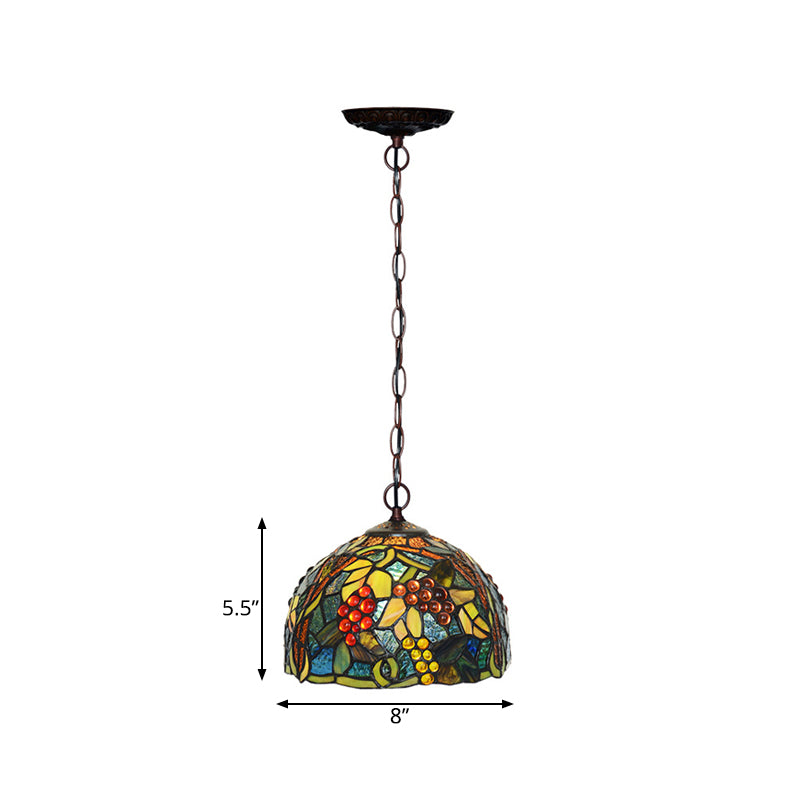 8"/12" W Dome Green Stained Glass Hanging Light Mediterranean 1 Light Bronze Down Lighting Pendant
