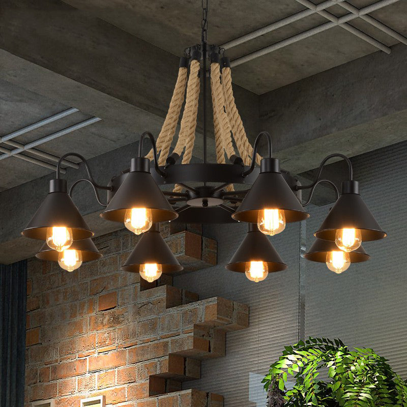 Black Wrought Iron Ceiling Hung Fixtures Vintage Rope Pendant Lighting for Bar