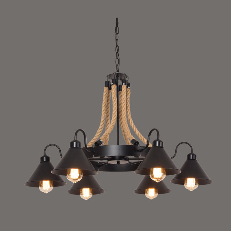 Black Wrought Iron Ceiling Hung Fixtures Vintage Rope Pendant Lighting for Bar