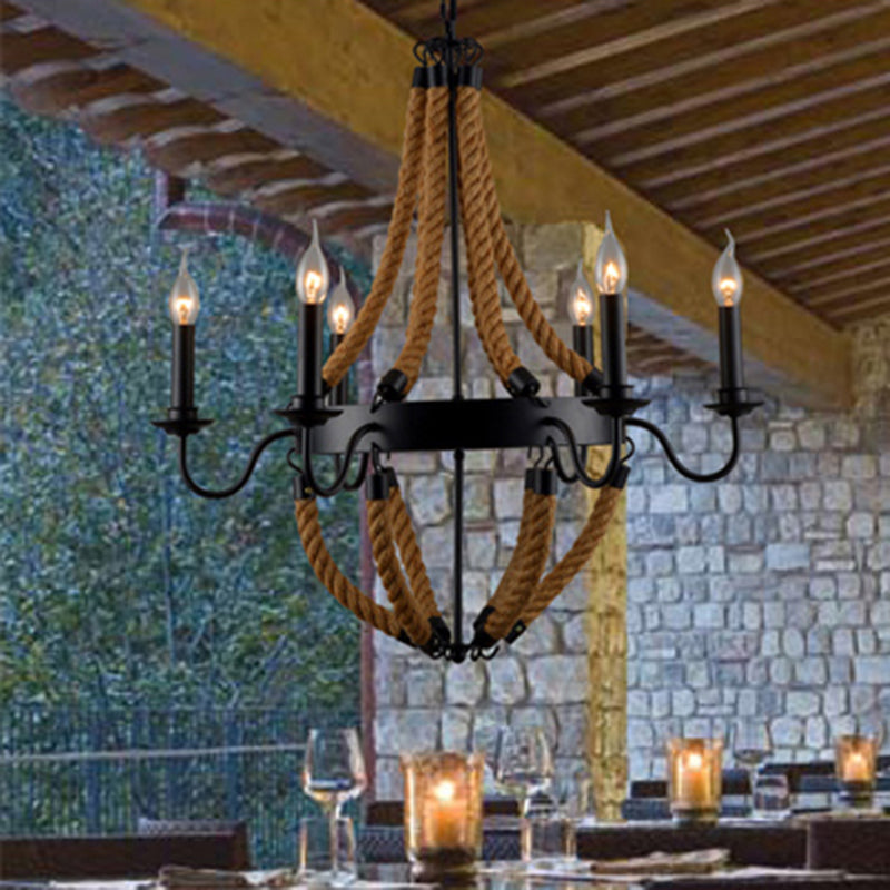 Black Wrought Iron Ceiling Hung Fixtures Vintage Rope Pendant Lighting for Bar