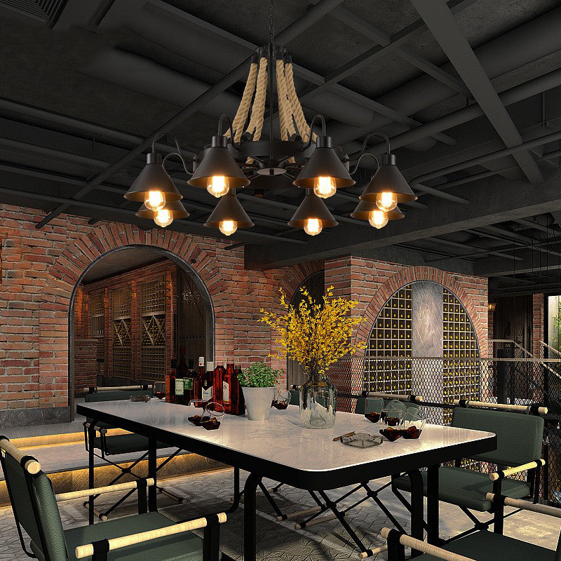Black Wrought Iron Ceiling Hung Fixtures Vintage Rope Pendant Lighting for Bar