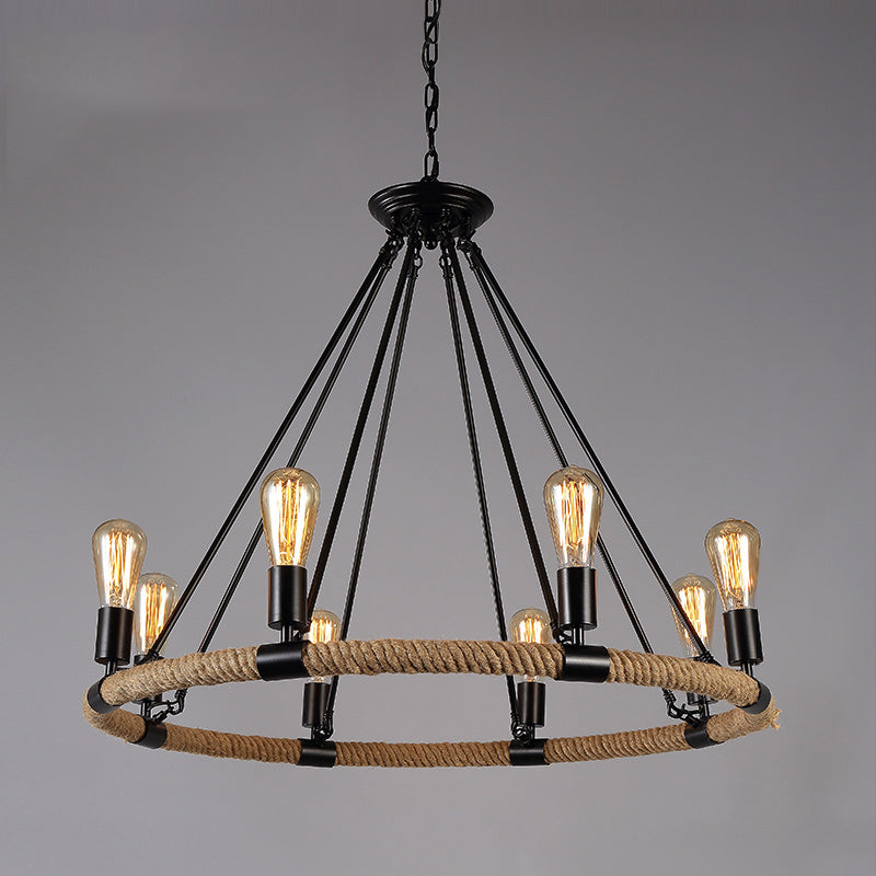 Black Wrought Iron Ceiling Hung Fixtures Vintage Rope Pendant Lighting for Bar