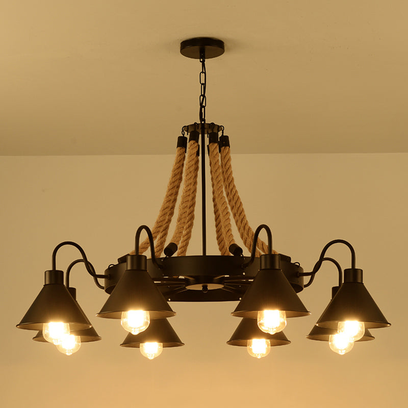 Black Wrought Iron Ceiling Hung Fixtures Vintage Rope Pendant Lighting for Bar