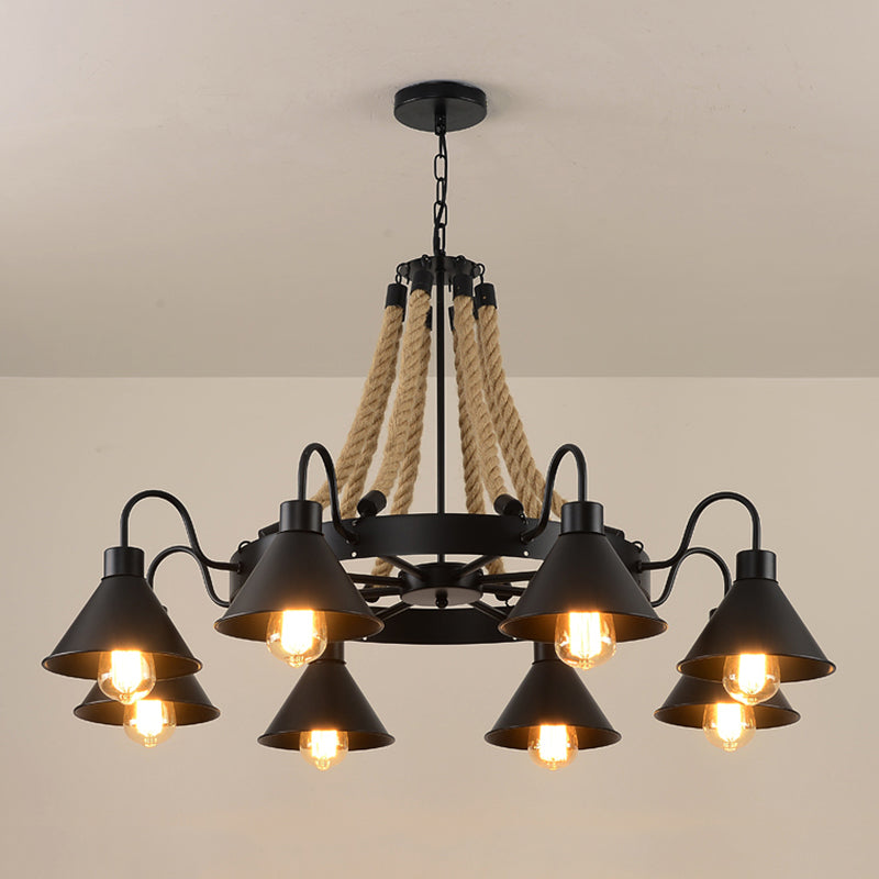 Black Wrought Iron Ceiling Hung Fixtures Vintage Rope Pendant Lighting for Bar