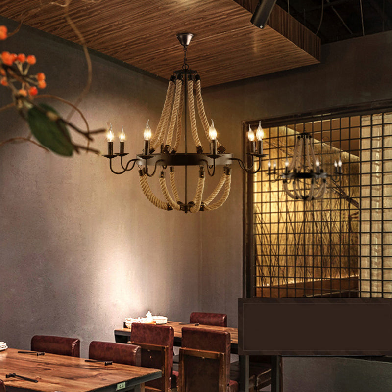 Black Wrought Iron Ceiling Hung Fixtures Vintage Rope Pendant Lighting for Bar