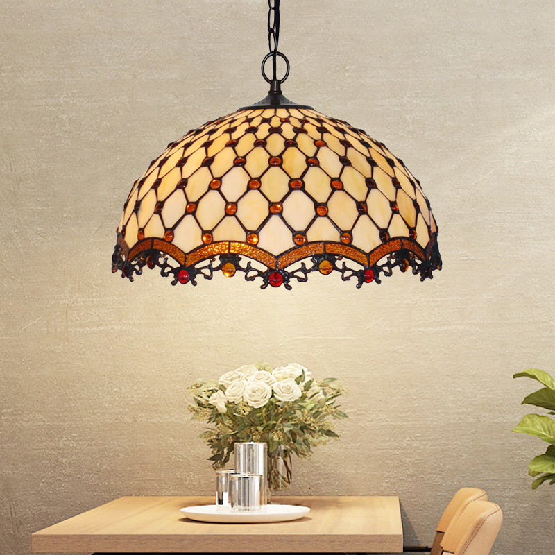 Beige Stained Glass Ceiling Lamp Scalloped 1 Light Mediterranean Suspension Pendant Light for Kitchen