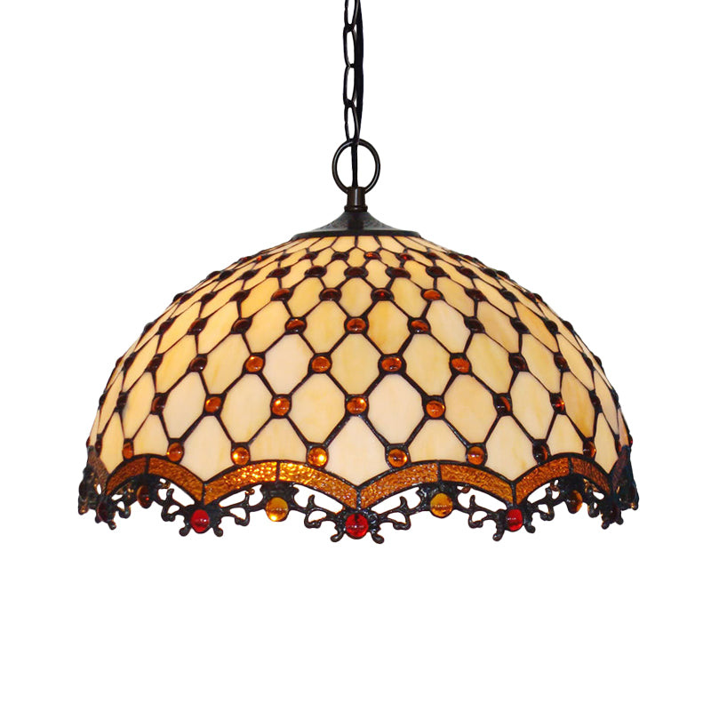 Beige Stained Glass Ceiling Lamp Scalloped 1 Light Mediterranean Suspension Pendant Light for Kitchen