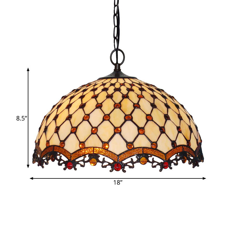 Beige Stained Glass Ceiling Lamp Scalloped 1 Light Mediterranean Suspension Pendant Light for Kitchen