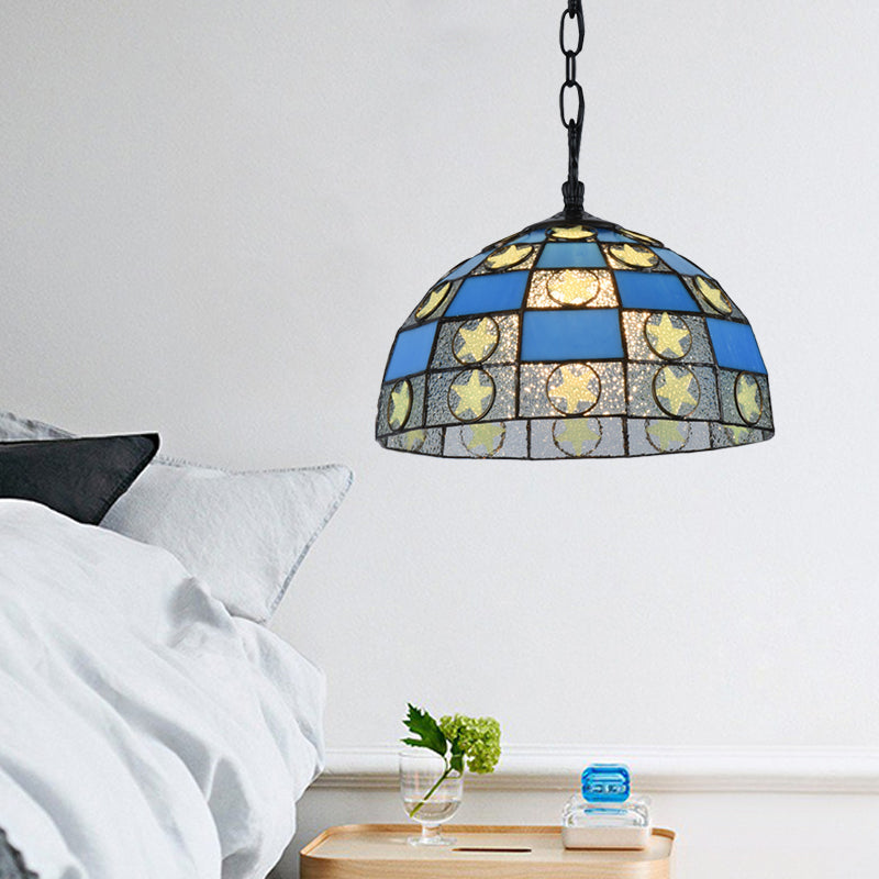12 "/16" breed zwart 1 lichte hanglampverlichtingsbeveiliging Tiffany-stijl Blue Glass Star Hanging Lamp-kit