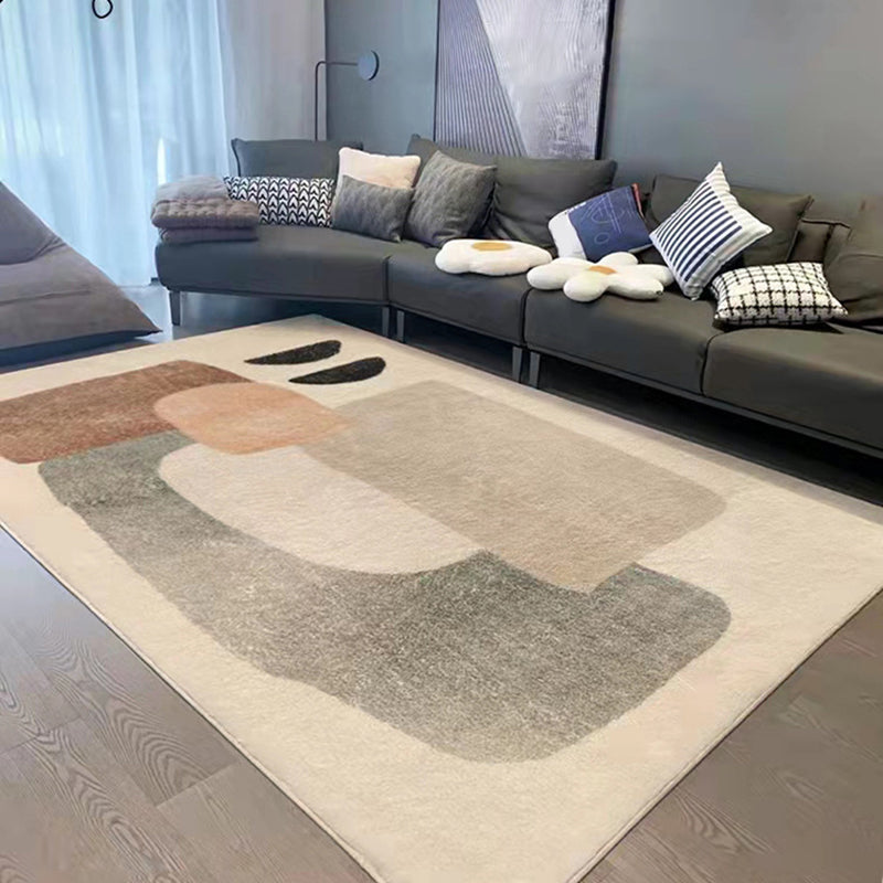 Beige Modern Area Rug Polyester Color Block Carpet Non-Slip Backing Rug for Living Room