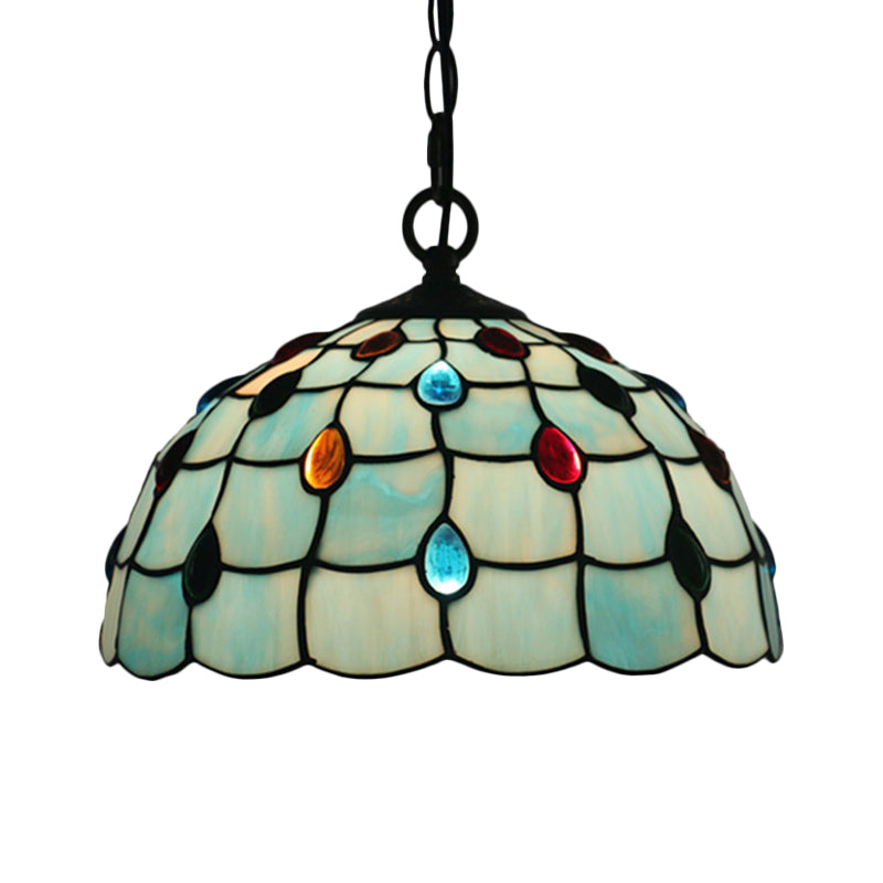 12"/16" Wide 1 Light Pendulum Light Tiffany Beaded Blue/Textured Silver Glass Ceiling Pendant for Dining Room