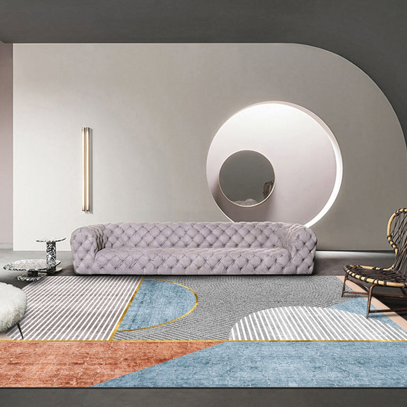 Modern Color-Blocked Carpet Blue Polyester Area Rug Stain Resistant Rug for Living Room