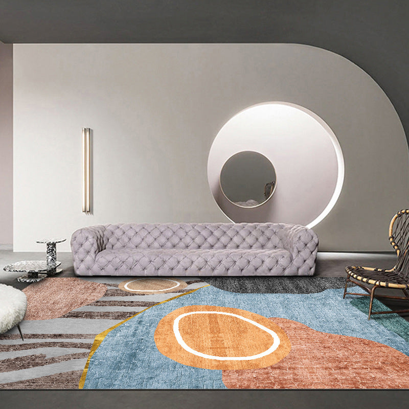 Modern Color-Blocked Carpet Blue Polyester Area Rug Stain Resistant Rug for Living Room