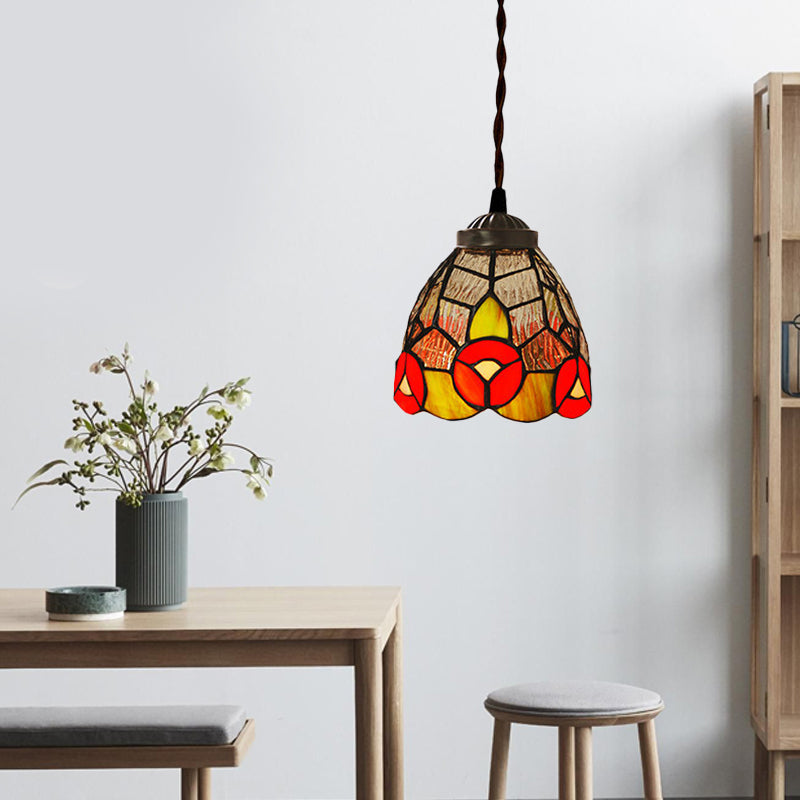 1 Light Hanging Pendant Baroque Dragonfly/Flower Red/Green Stained Glass Suspension Lighting Fixture for Kitchen
