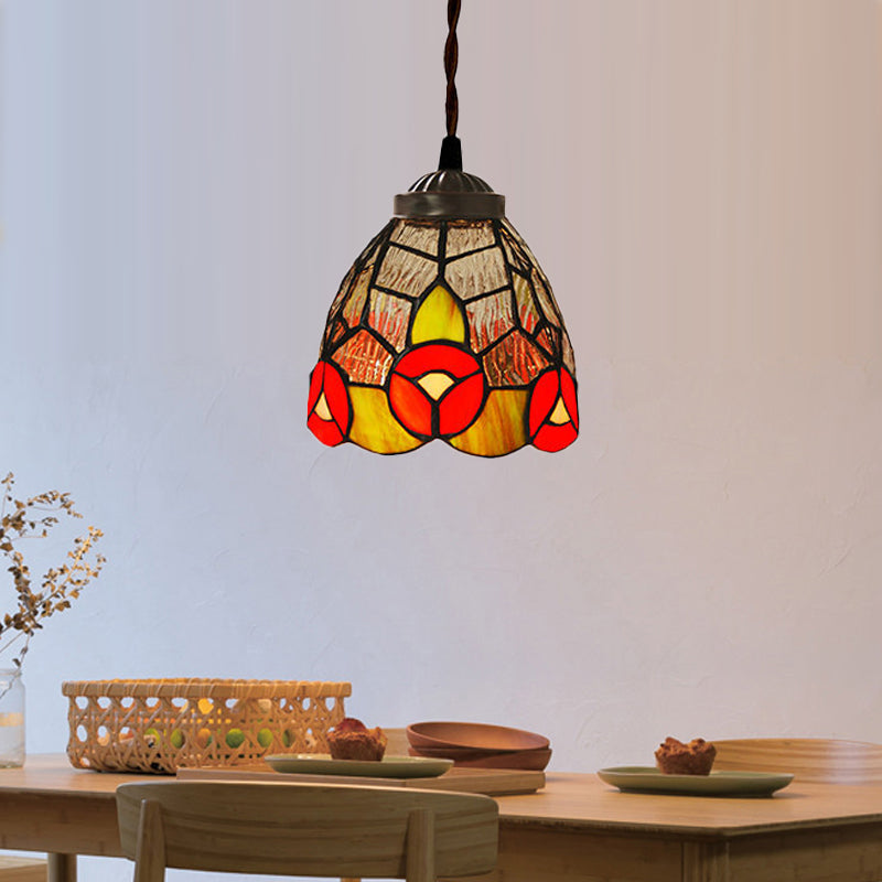 1 Light Hanging Pendant Baroque Dragonfly/Flower Red/Green Stained Glass Suspension Lighting Fixture for Kitchen