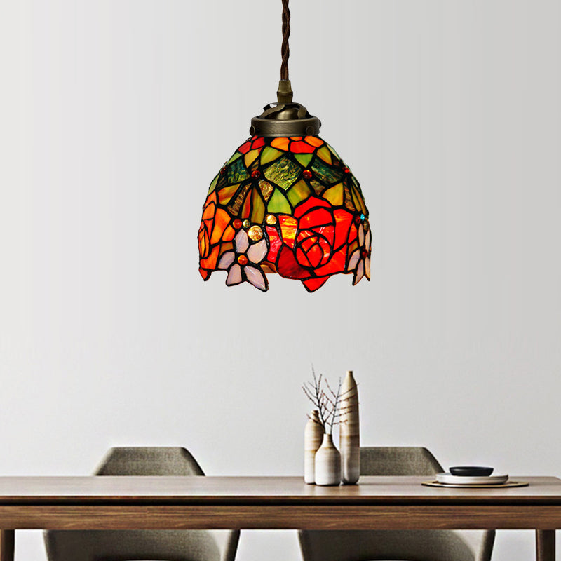 Tiffany Domed Pendant Light 1 Light Red/Pink/Yellow Stained Glass Ceiling Suspension Lamp for Dining Room