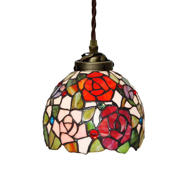 Tiffany Domed Pendant Light 1 Light Red/Pink/Yellow Stained Glass Ceiling Suspension Lamp for Dining Room